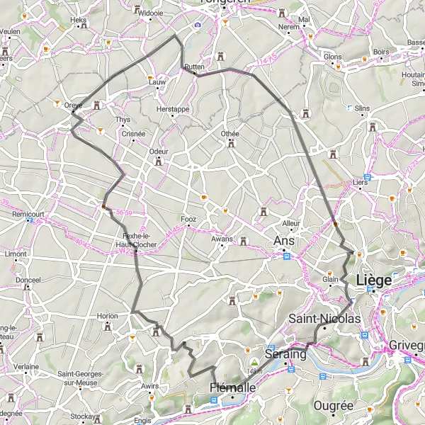 Map miniature of "Oreye - Rutten Loop" cycling inspiration in Prov. Liège, Belgium. Generated by Tarmacs.app cycling route planner