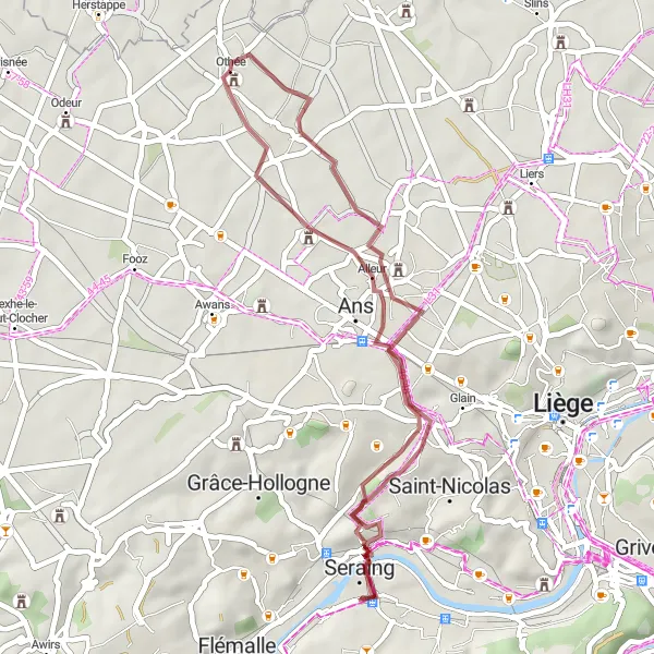 Map miniature of "Short Gravel Excursion from Othée" cycling inspiration in Prov. Liège, Belgium. Generated by Tarmacs.app cycling route planner