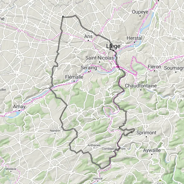 Map miniature of "Challenging Route Through the Liège Province" cycling inspiration in Prov. Liège, Belgium. Generated by Tarmacs.app cycling route planner