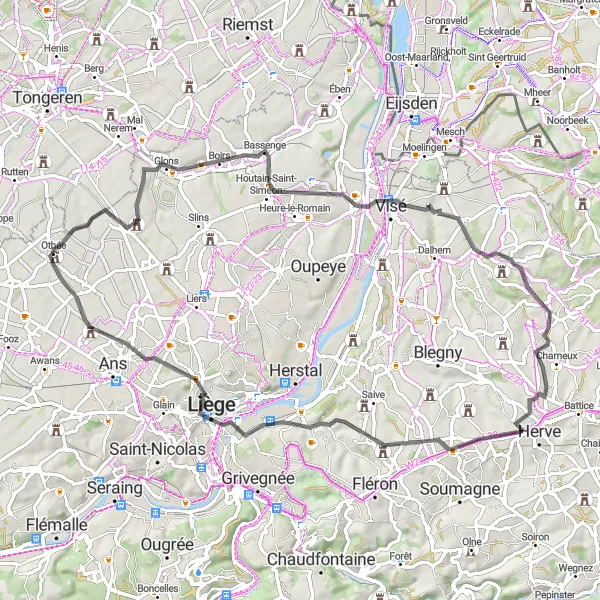 Miniature de la carte de l'inspiration cycliste "Tour des Terrils et Châteaux" dans la Prov. Liège, Belgium. Générée par le planificateur d'itinéraire cycliste Tarmacs.app