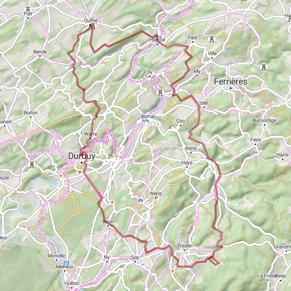 Miniatuurkaart van de fietsinspiratie "Gravelroute naar Warre en Mormont" in Prov. Liège, Belgium. Gemaakt door de Tarmacs.app fietsrouteplanner