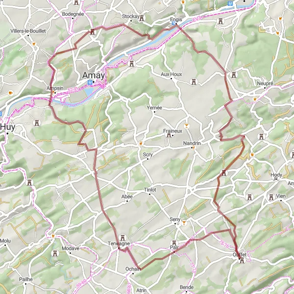 Map miniature of "Scenic Gravel Ride to Terwagne and Ampsin" cycling inspiration in Prov. Liège, Belgium. Generated by Tarmacs.app cycling route planner