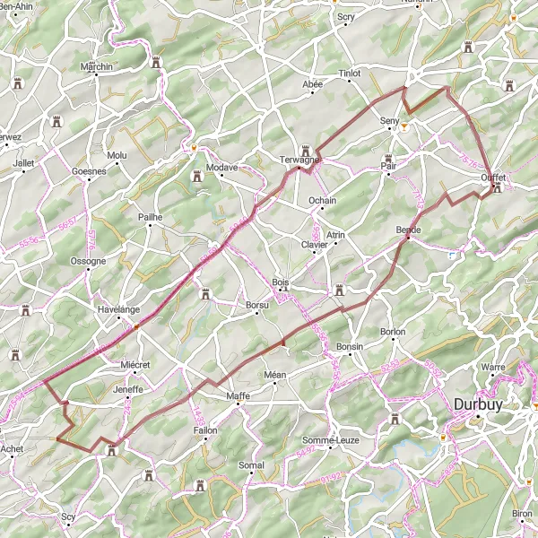Miniature de la carte de l'inspiration cycliste "Boucle Gravel de Bende à Ouffet" dans la Prov. Liège, Belgium. Générée par le planificateur d'itinéraire cycliste Tarmacs.app