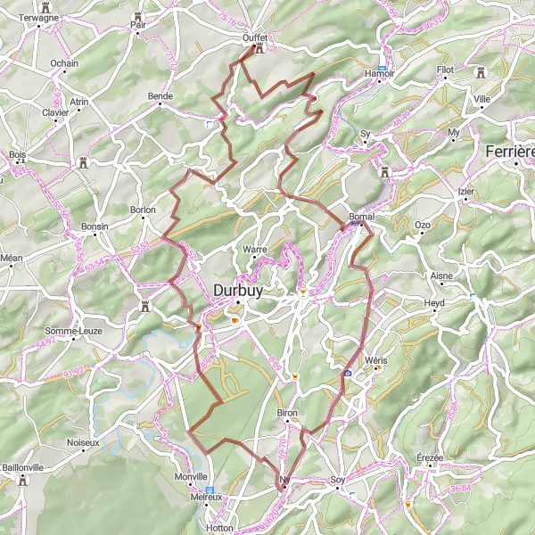 Miniature de la carte de l'inspiration cycliste "Circuit Gravel du Château d'Ouffet" dans la Prov. Liège, Belgium. Générée par le planificateur d'itinéraire cycliste Tarmacs.app
