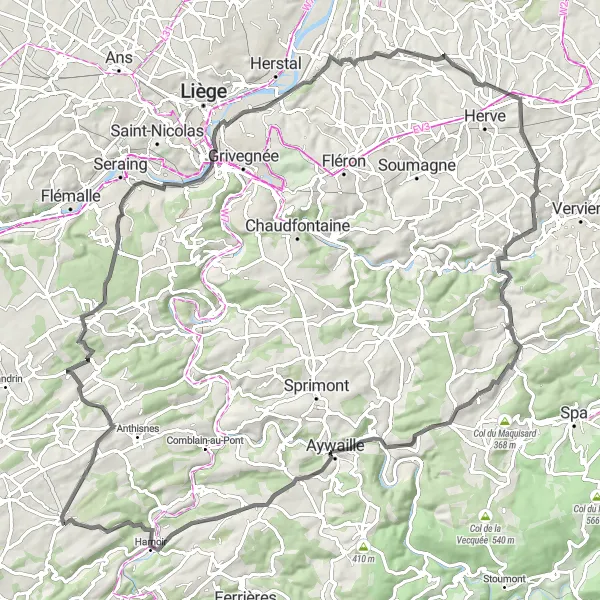 Map miniature of "Road to Remouchamps" cycling inspiration in Prov. Liège, Belgium. Generated by Tarmacs.app cycling route planner