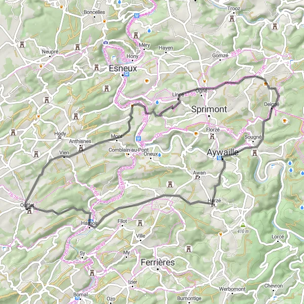 Miniature de la carte de l'inspiration cycliste "Boucle Route du Rocher de Coisse" dans la Prov. Liège, Belgium. Générée par le planificateur d'itinéraire cycliste Tarmacs.app