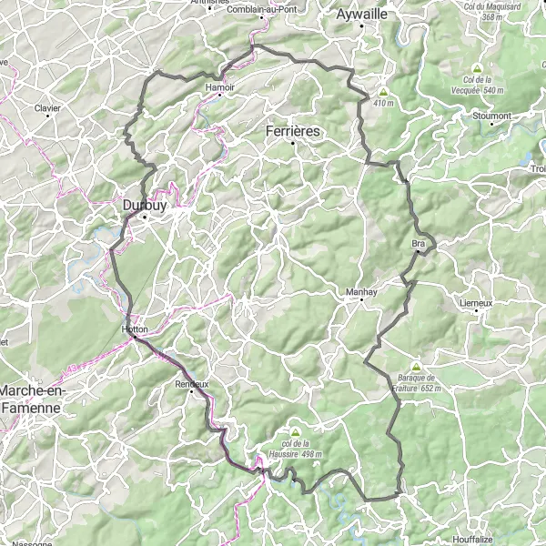 Miniatuurkaart van de fietsinspiratie "Pittoreske route van Ouffet naar Durbuy" in Prov. Liège, Belgium. Gemaakt door de Tarmacs.app fietsrouteplanner