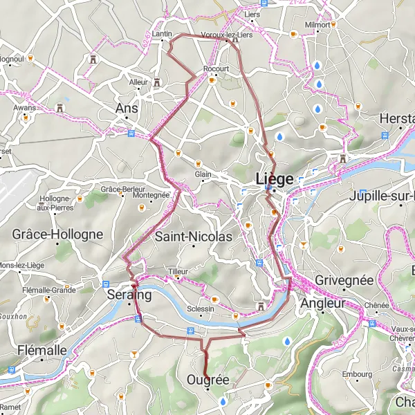 Karten-Miniaturansicht der Radinspiration "Gravelroute Ougrée - Voroux-lez-Liers - Château Cockerill" in Prov. Liège, Belgium. Erstellt vom Tarmacs.app-Routenplaner für Radtouren