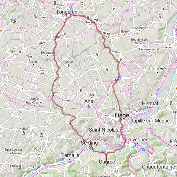Miniature de la carte de l'inspiration cycliste "Parcours gravel de Grâce-Hollogne à Ougrée" dans la Prov. Liège, Belgium. Générée par le planificateur d'itinéraire cycliste Tarmacs.app
