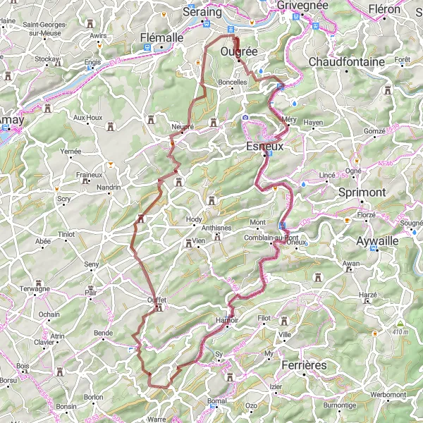 Miniature de la carte de l'inspiration cycliste "Défi gravel de Ougrée à Rotheux-Rimière" dans la Prov. Liège, Belgium. Générée par le planificateur d'itinéraire cycliste Tarmacs.app