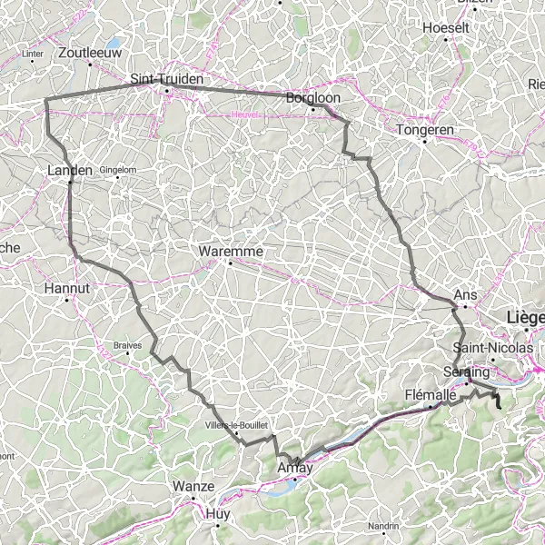 Miniature de la carte de l'inspiration cycliste "Escapade à la Campagne Liégeoise" dans la Prov. Liège, Belgium. Générée par le planificateur d'itinéraire cycliste Tarmacs.app