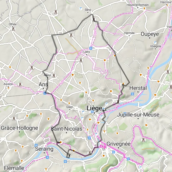 Karten-Miniaturansicht der Radinspiration "Erkundung von Schlössern und Terrils" in Prov. Liège, Belgium. Erstellt vom Tarmacs.app-Routenplaner für Radtouren