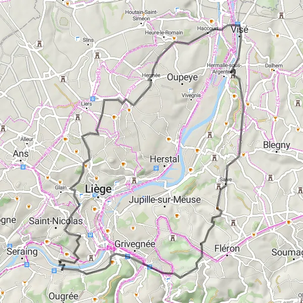 Miniature de la carte de l'inspiration cycliste "Parcours autour de Visé" dans la Prov. Liège, Belgium. Générée par le planificateur d'itinéraire cycliste Tarmacs.app