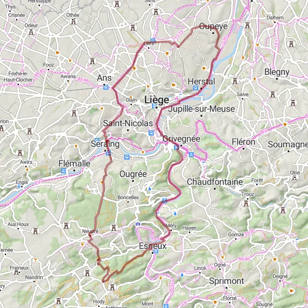 Karten-Miniaturansicht der Radinspiration "Herausfordernde Oupeye Gravelroute" in Prov. Liège, Belgium. Erstellt vom Tarmacs.app-Routenplaner für Radtouren