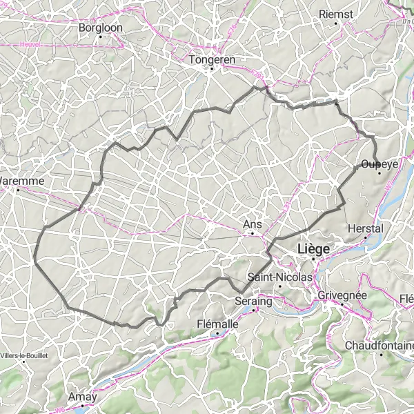 Miniatuurkaart van de fietsinspiratie "Road route vanuit Oupeye via Hermée en Glons" in Prov. Liège, Belgium. Gemaakt door de Tarmacs.app fietsrouteplanner