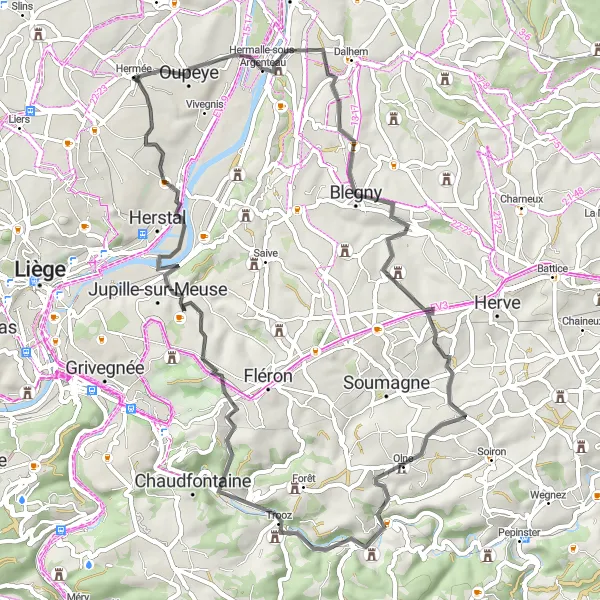 Miniatuurkaart van de fietsinspiratie "Road route vanuit Oupeye via Blegny en Château Rouge" in Prov. Liège, Belgium. Gemaakt door de Tarmacs.app fietsrouteplanner