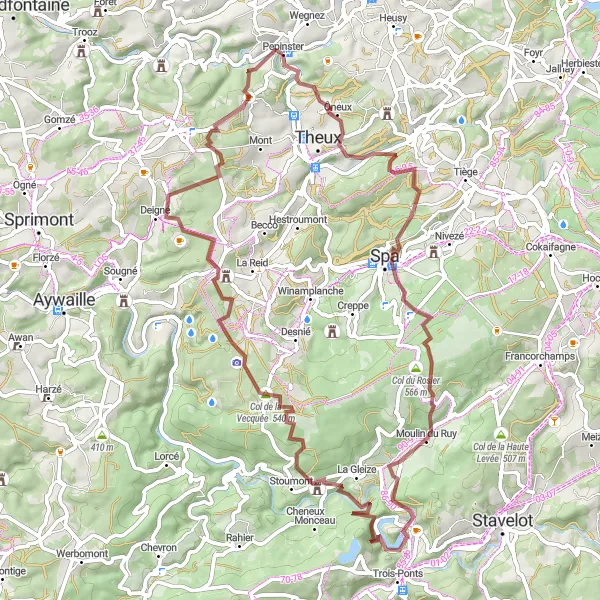 Map miniature of "Gravel Ride from Pepinster" cycling inspiration in Prov. Liège, Belgium. Generated by Tarmacs.app cycling route planner