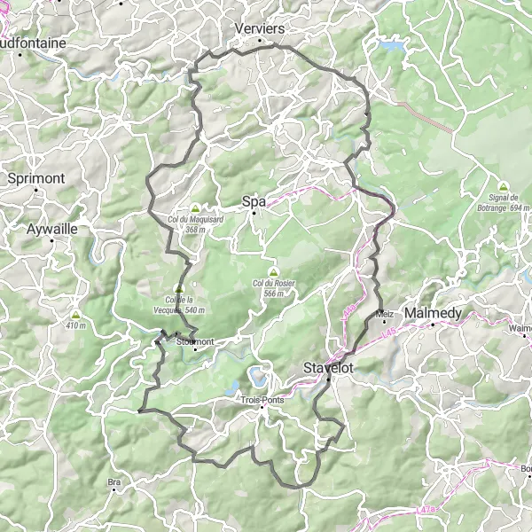 Miniature de la carte de l'inspiration cycliste "Randonnée à vélo sur route depuis Pepinster" dans la Prov. Liège, Belgium. Générée par le planificateur d'itinéraire cycliste Tarmacs.app