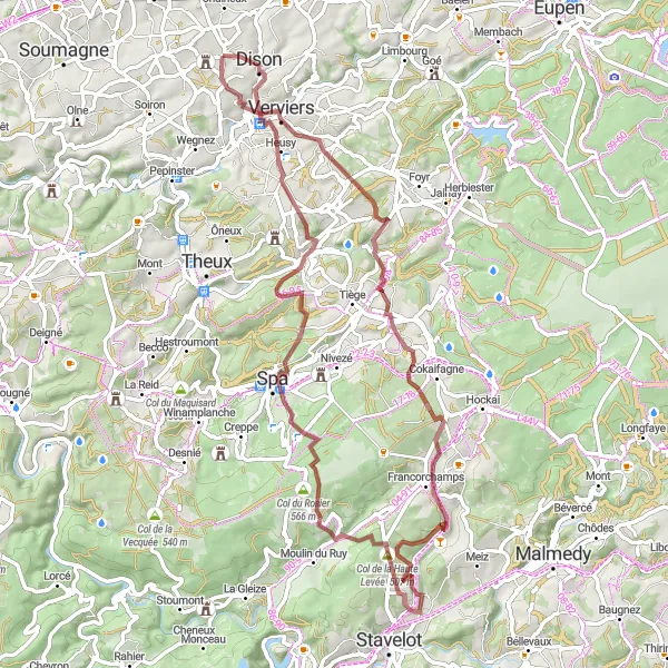 Map miniature of "The Gravel Paradise" cycling inspiration in Prov. Liège, Belgium. Generated by Tarmacs.app cycling route planner