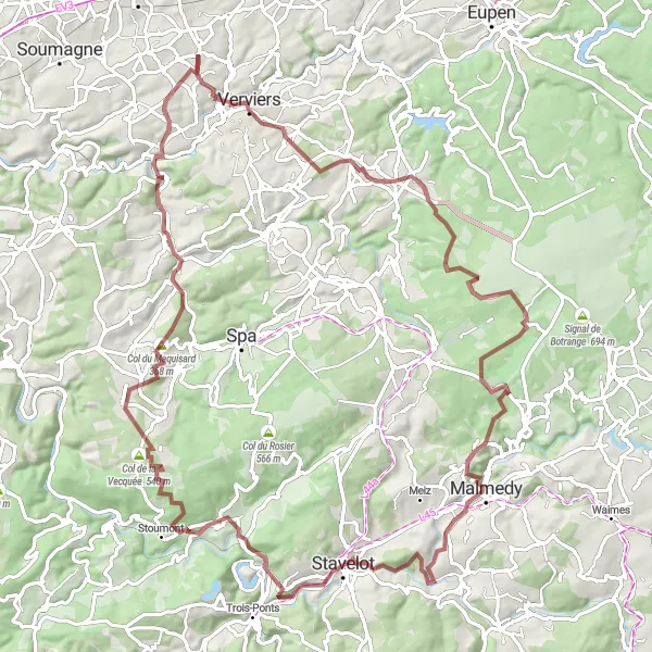 Miniature de la carte de l'inspiration cycliste "Parcours Gravel autour de Petit-Rechain" dans la Prov. Liège, Belgium. Générée par le planificateur d'itinéraire cycliste Tarmacs.app
