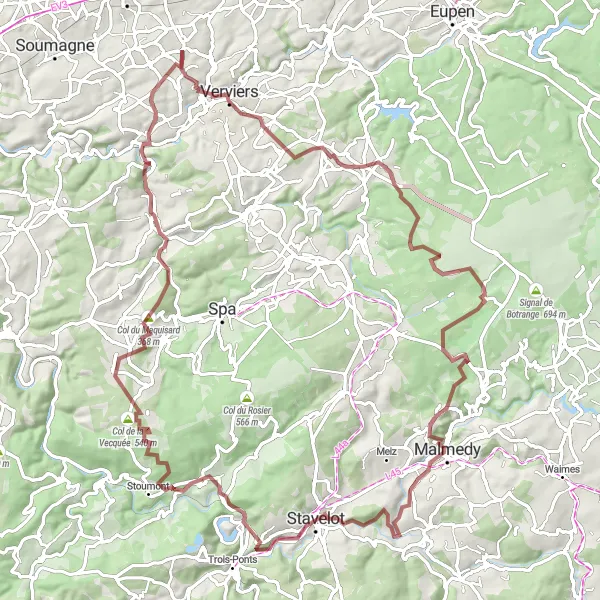 Map miniature of "The Ardennes Gravel Adventure" cycling inspiration in Prov. Liège, Belgium. Generated by Tarmacs.app cycling route planner