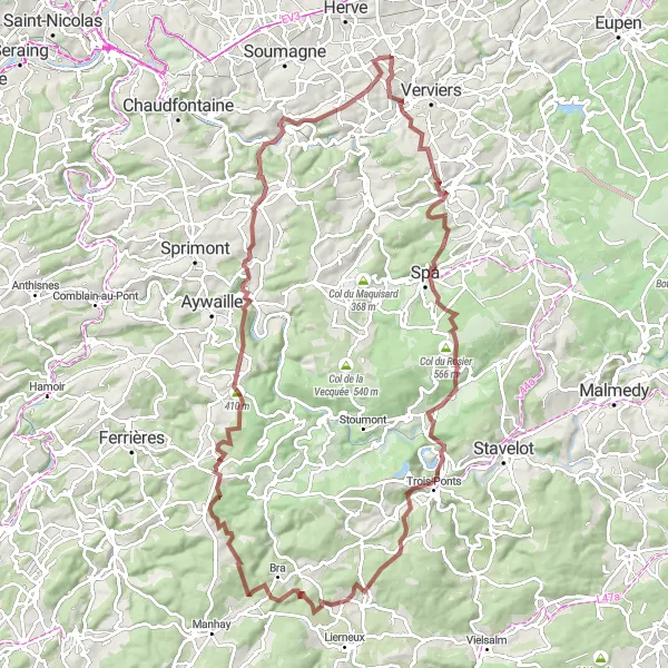 Map miniature of "Challenging Gravel Ride through Petit-Rechain" cycling inspiration in Prov. Liège, Belgium. Generated by Tarmacs.app cycling route planner