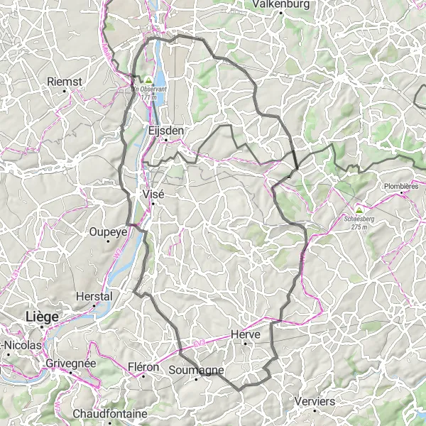 Map miniature of "Terril du Bas-Bois and Haccourt Road Cycling Route" cycling inspiration in Prov. Liège, Belgium. Generated by Tarmacs.app cycling route planner