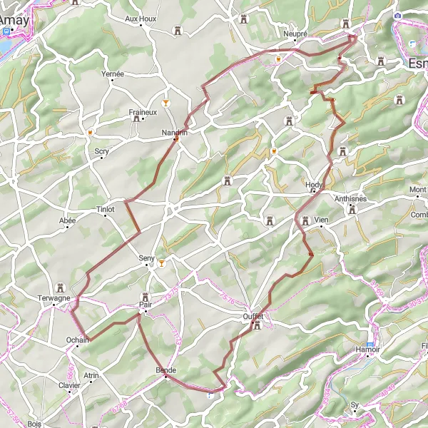 Karten-Miniaturansicht der Radinspiration "Gravelabenteuer durch die Umgebung von Plainevaux" in Prov. Liège, Belgium. Erstellt vom Tarmacs.app-Routenplaner für Radtouren