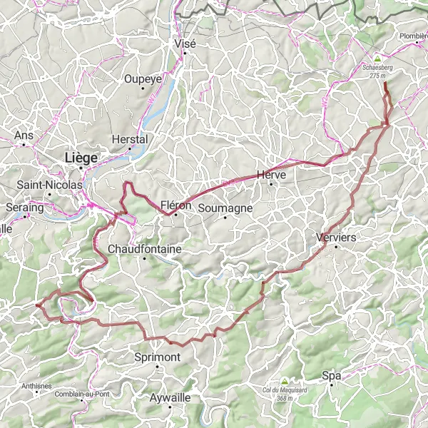 Map miniature of "Gravel Adventure in the Eastern Ardennes" cycling inspiration in Prov. Liège, Belgium. Generated by Tarmacs.app cycling route planner