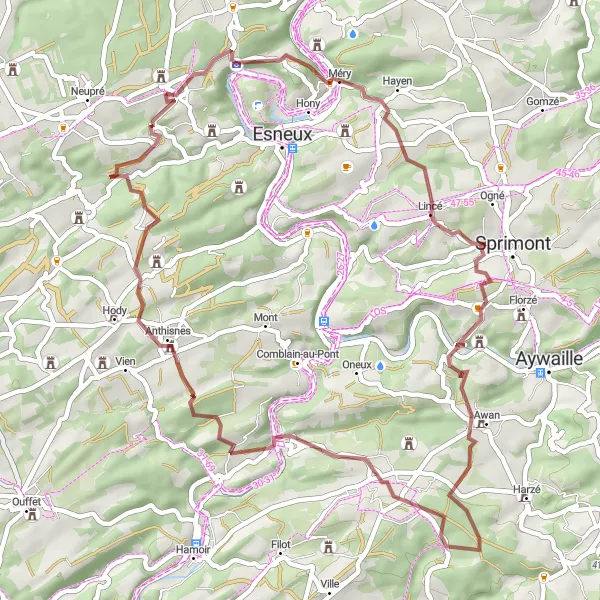 Map miniature of "Hidden Gravel Trails of Liège" cycling inspiration in Prov. Liège, Belgium. Generated by Tarmacs.app cycling route planner