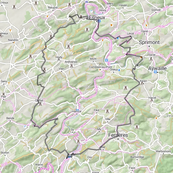 Karten-Miniaturansicht der Radinspiration "Panoramaausblick und Schlossbesichtigung" in Prov. Liège, Belgium. Erstellt vom Tarmacs.app-Routenplaner für Radtouren