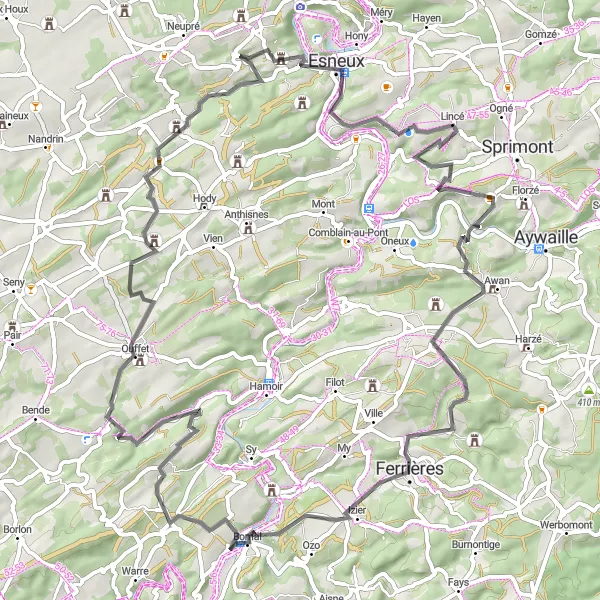 Miniatuurkaart van de fietsinspiratie "Uitdagende wegfietsroute met panoramisch uitzicht" in Prov. Liège, Belgium. Gemaakt door de Tarmacs.app fietsrouteplanner