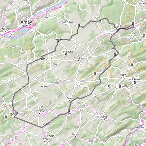 Map miniature of "The Castles of the Countryside" cycling inspiration in Prov. Liège, Belgium. Generated by Tarmacs.app cycling route planner
