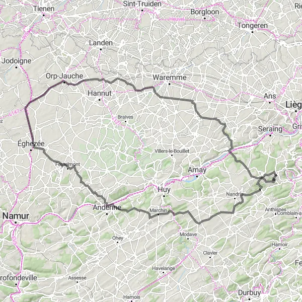 Miniature de la carte de l'inspiration cycliste "Route des Châteaux de Liège" dans la Prov. Liège, Belgium. Générée par le planificateur d'itinéraire cycliste Tarmacs.app