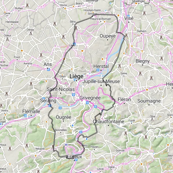 Miniature de la carte de l'inspiration cycliste "Aux Trésors du Pays de Liège" dans la Prov. Liège, Belgium. Générée par le planificateur d'itinéraire cycliste Tarmacs.app