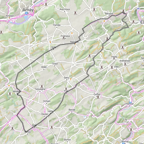 Map miniature of "Short Plainevaux Loop with Modave" cycling inspiration in Prov. Liège, Belgium. Generated by Tarmacs.app cycling route planner