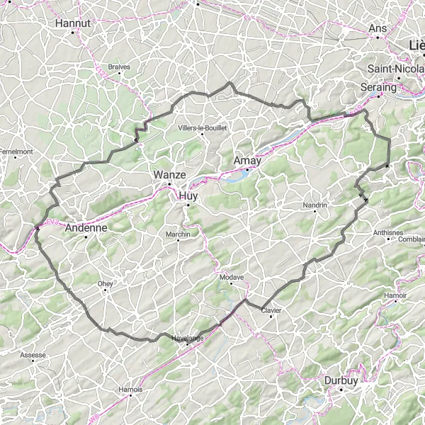 Map miniature of "Plainevaux Loop via Tavier and Awirs" cycling inspiration in Prov. Liège, Belgium. Generated by Tarmacs.app cycling route planner