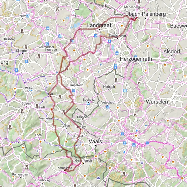 Karten-Miniaturansicht der Radinspiration "Gravel-Abenteuer durch Hügel und Wälder" in Prov. Liège, Belgium. Erstellt vom Tarmacs.app-Routenplaner für Radtouren