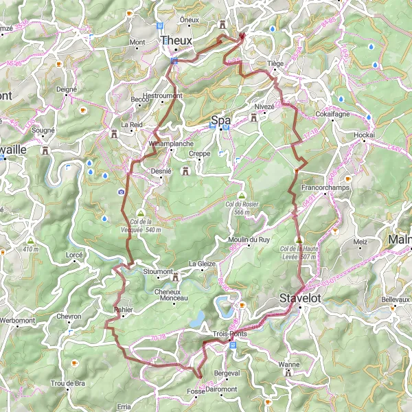 Map miniature of "Polleur - Arbespine - Col de la Haute Levée - Trois-Ponts - Rahier - Rouge Thier ou Rofthier - Col du Maquisard - Château de Franchimont" cycling inspiration in Prov. Liège, Belgium. Generated by Tarmacs.app cycling route planner