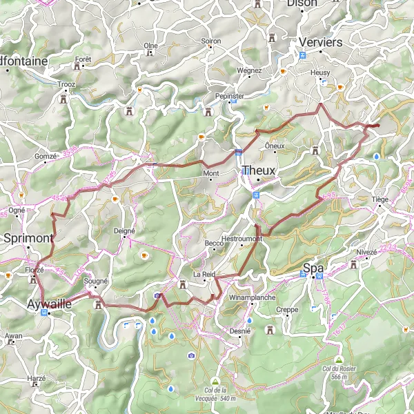 Map miniature of "Scenic Gravel Exploration" cycling inspiration in Prov. Liège, Belgium. Generated by Tarmacs.app cycling route planner