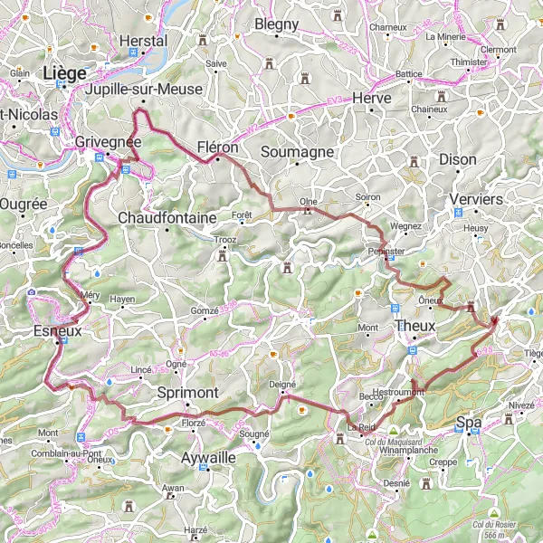 Miniature de la carte de l'inspiration cycliste "Circuit Gravel entre La Reid et Chênée" dans la Prov. Liège, Belgium. Générée par le planificateur d'itinéraire cycliste Tarmacs.app