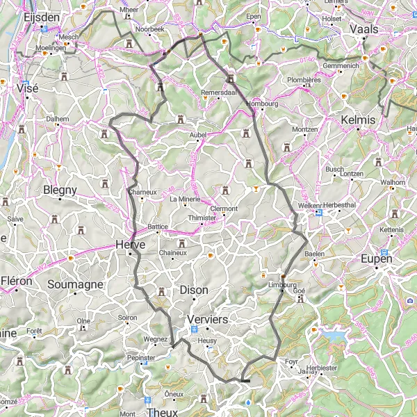Miniature de la carte de l'inspiration cycliste "Vers les Châteaux et Villages" dans la Prov. Liège, Belgium. Générée par le planificateur d'itinéraire cycliste Tarmacs.app