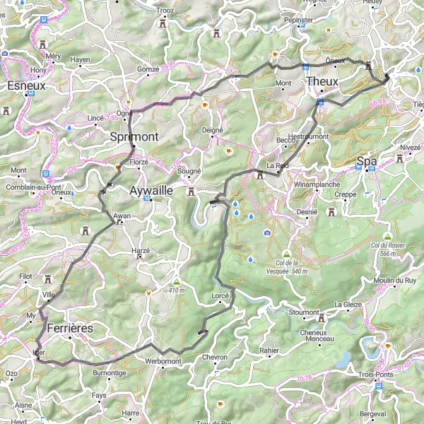 Map miniature of "Castle and Countryside Tour" cycling inspiration in Prov. Liège, Belgium. Generated by Tarmacs.app cycling route planner