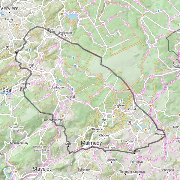 Map miniature of "Polleur - Jalhay - Signal de Botrange - Sourbrodt - Waimes - Belvédère "La Tournante Roche" - Nivezé" cycling inspiration in Prov. Liège, Belgium. Generated by Tarmacs.app cycling route planner