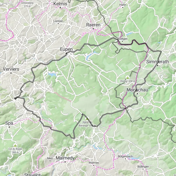Miniature de la carte de l'inspiration cycliste "Tour Road à travers les Ardennes" dans la Prov. Liège, Belgium. Générée par le planificateur d'itinéraire cycliste Tarmacs.app