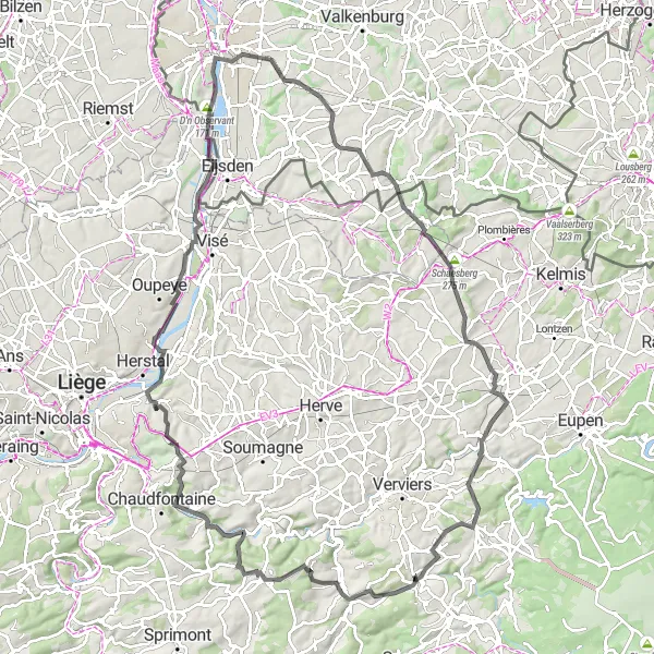 Map miniature of "Polleur - Château de Franchimont - Romsée - Lixhe - Slavante - Nurop - Schaesberg - Château Poswick" cycling inspiration in Prov. Liège, Belgium. Generated by Tarmacs.app cycling route planner