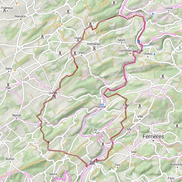 Karten-Miniaturansicht der Radinspiration "Abenteuerliche Schotterroute nach Poulseur" in Prov. Liège, Belgium. Erstellt vom Tarmacs.app-Routenplaner für Radtouren