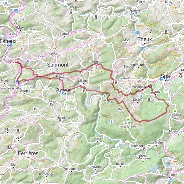 Map miniature of "Gravel Tour around Poulseur" cycling inspiration in Prov. Liège, Belgium. Generated by Tarmacs.app cycling route planner