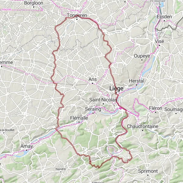 Map miniature of "Rural Gravel Adventure" cycling inspiration in Prov. Liège, Belgium. Generated by Tarmacs.app cycling route planner