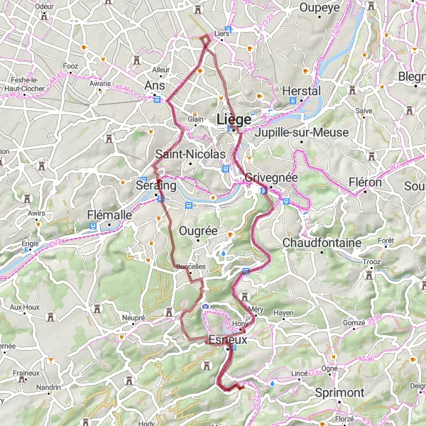 Miniature de la carte de l'inspiration cycliste "Exploration des châteaux et des collines de la région" dans la Prov. Liège, Belgium. Générée par le planificateur d'itinéraire cycliste Tarmacs.app